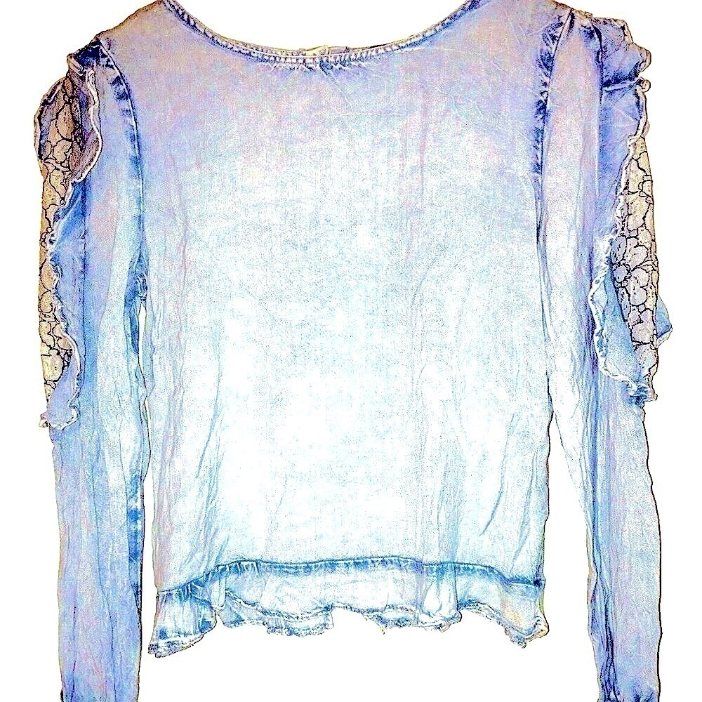 Cotton Jean Top Lace Ruffle Puff Shoulders Button Back, by Style Envy, NWOT, M